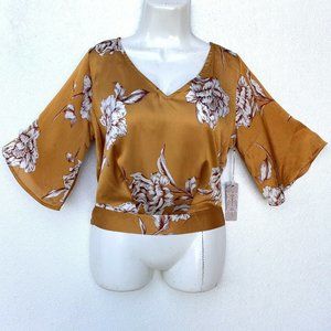 Iris Women Blouse‎ Size Small Mustard Floral V Neck